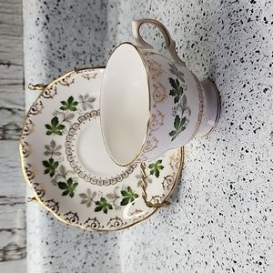 Colclough Tea Cup and Saucer with Green Leaves and Gold Scrolls, Vintage